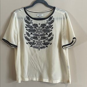 Madewell Silk Cream Blouse with Black Embroidery